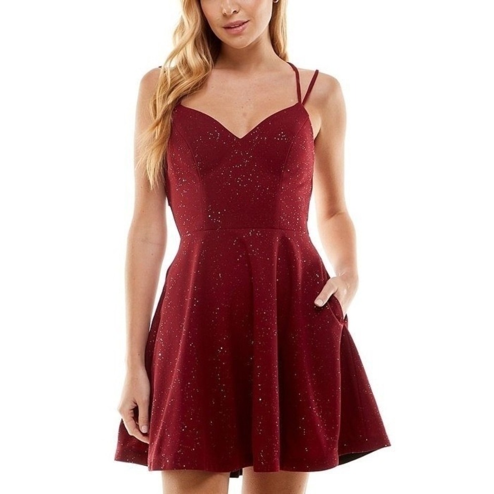 City Studio Wine Gold Glitter Criss Cross Fit Flare Formal Dress Junior Sz 11